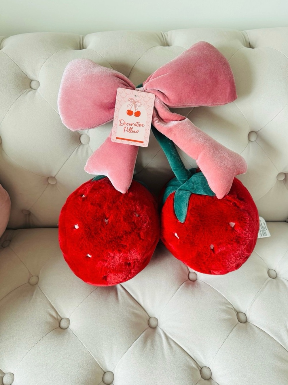 Plush Strawberry Accent  Pillow with Pink Velvet Bow NWT